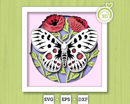 3D Butterfly Shadow Box SVG, Layered Poppy Flowers SVG, Apollo 3D Svg, Poppies Svg, Spring Shadow Box, Floral Papercut svg Cricut Silhouette