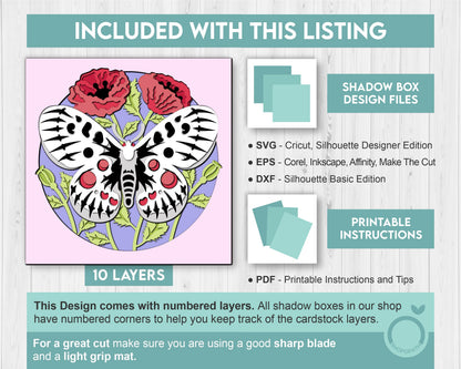 3D Butterfly Shadow Box SVG, Layered Poppy Flowers SVG, Apollo 3D Svg, Poppies Svg, Spring Shadow Box, Floral Papercut svg Cricut Silhouette