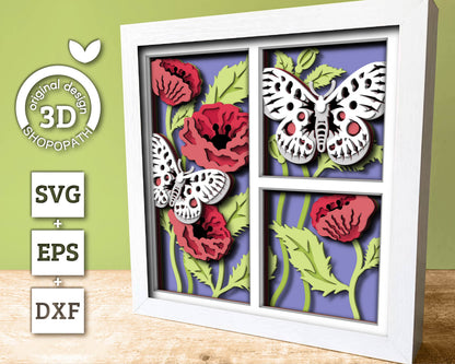 3D Butterfly Shadow Box SVG, Layered Poppy Flowers SVG, Spring Shadow Box, Apollo 3D Svg, Poppies Svg, Floral Papercut svg Cricut Silhouette