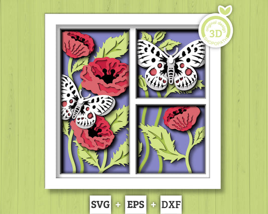 3D Butterfly Shadow Box SVG, Layered Poppy Flowers SVG, Spring Shadow Box, Apollo 3D Svg, Poppies Svg, Floral Papercut svg Cricut Silhouette