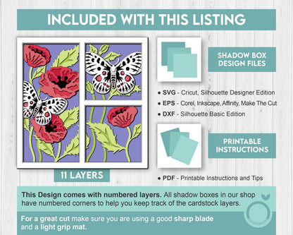 3D Butterfly Shadow Box SVG, Layered Poppy Flowers SVG, Spring Shadow Box, Apollo 3D Svg, Poppies Svg, Floral Papercut svg Cricut Silhouette