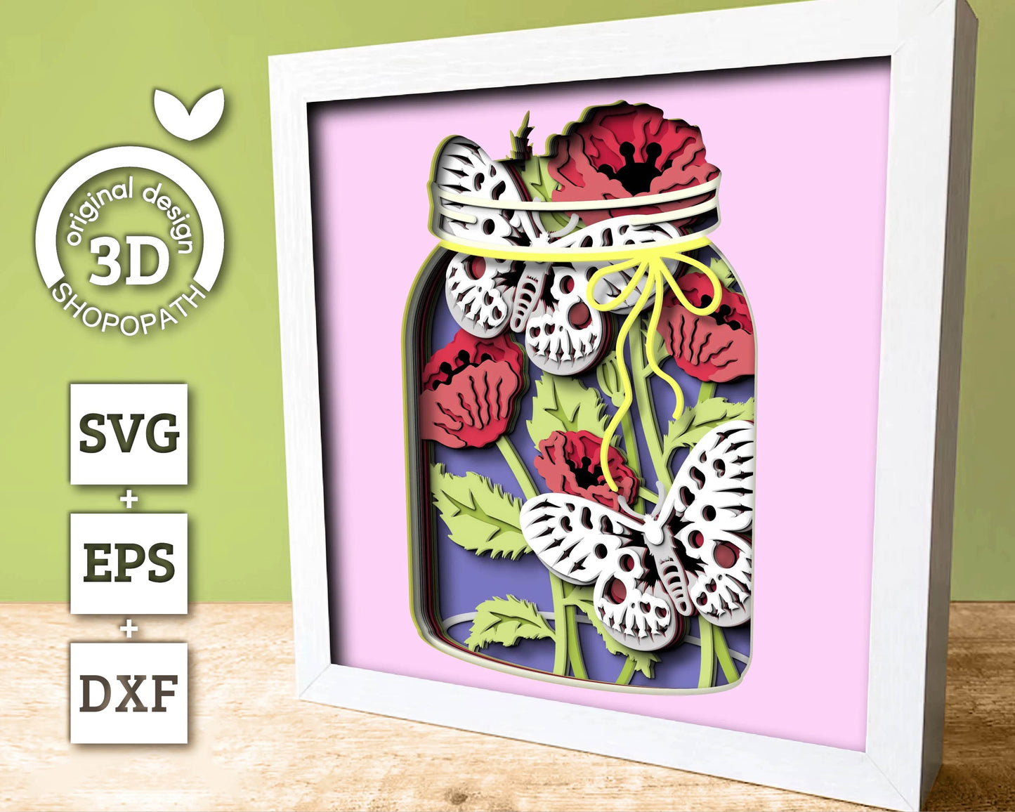 Apollo Butterfly with Poppy Flowers - 3D Shadow Box Layered SVG DXF EPS (Cutting Files)