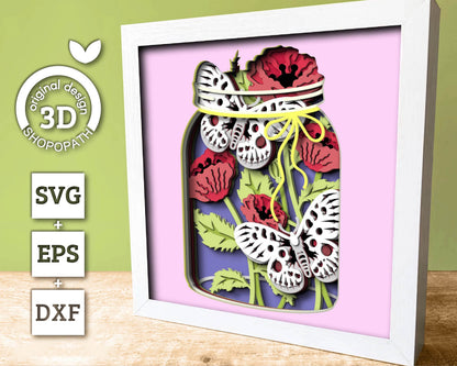 Apollo Butterfly with Poppy Flowers - 3D Shadow Box Layered SVG DXF EPS (Cutting Files)