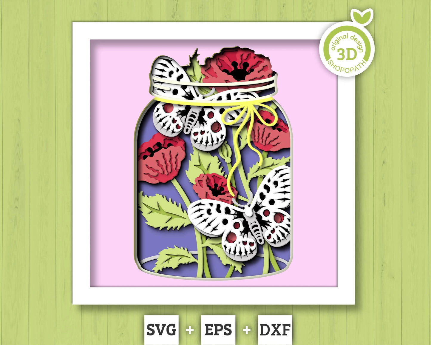 Apollo Butterfly with Poppy Flowers - 3D Shadow Box Layered SVG DXF EPS (Cutting Files)