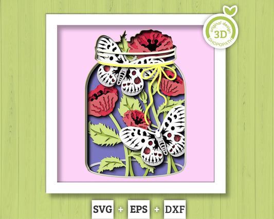 Apollo Butterfly with Poppy Flowers - 3D Shadow Box Layered SVG DXF EPS (Cutting Files)