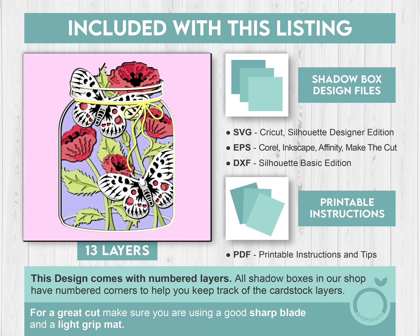 Apollo Butterfly with Poppy Flowers - 3D Shadow Box Layered SVG DXF EPS (Cutting Files)