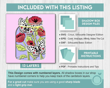 Apollo Butterfly with Poppy Flowers - 3D Shadow Box Layered SVG DXF EPS (Cutting Files)