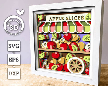 3D SVG Apple Stand Shadow Box SVG, Summer Shadow Box, Apple Slices 3d SVG, Flowers 3d svg, Summer Layered 3d svg, Cricut Silhouette