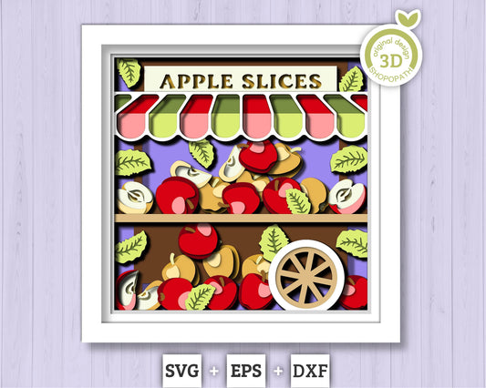 3D SVG Apple Stand Shadow Box SVG, Summer Shadow Box, Apple Slices 3d SVG, Flowers 3d svg, Summer Layered 3d svg, Cricut Silhouette