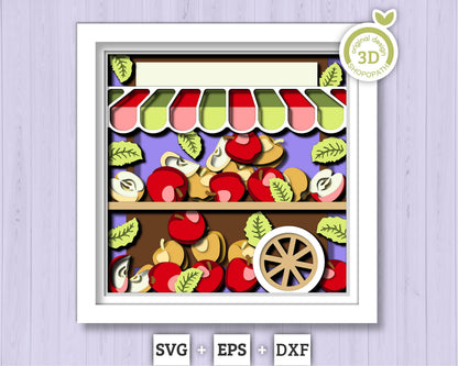 3D SVG Apple Stand Shadow Box SVG, Summer Shadow Box, Apple Slices 3d SVG, Flowers 3d svg, Summer Layered 3d svg, Cricut Silhouette
