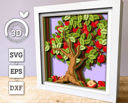 3D SVG Apple Tree Shadow Box SVG, 3d SVG Apples, Summer Shadow Box, Apple Tree 3D Svg, Flowers 3d svg, Summer 3d svg, Cricut Silhouette