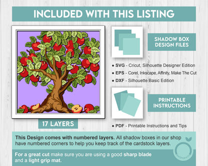 3D SVG Apple Tree Shadow Box SVG, 3d SVG Apples, Summer Shadow Box, Apple Tree 3D Svg, Flowers 3d svg, Summer 3d svg, Cricut Silhouette