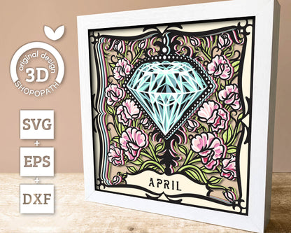 April Shadow Box 3D SVG Birth Month Diamond Gemstone with Sweet Pea Flowers, Tattoo Style, Cricut Silhouette With DXF Cutting Files