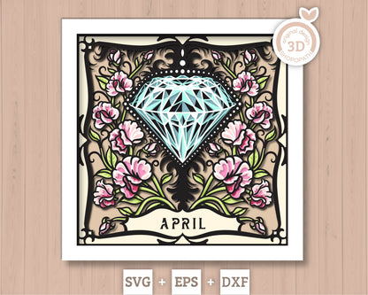 April Shadow Box 3D SVG Birth Month Diamond Gemstone with Sweet Pea Flowers, Tattoo Style, Cricut Silhouette With DXF Cutting Files