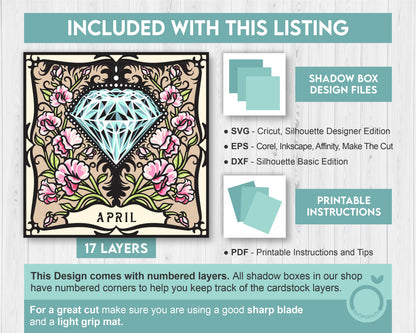 April Shadow Box 3D SVG Birth Month Diamond Gemstone with Sweet Pea Flowers, Tattoo Style, Cricut Silhouette With DXF Cutting Files