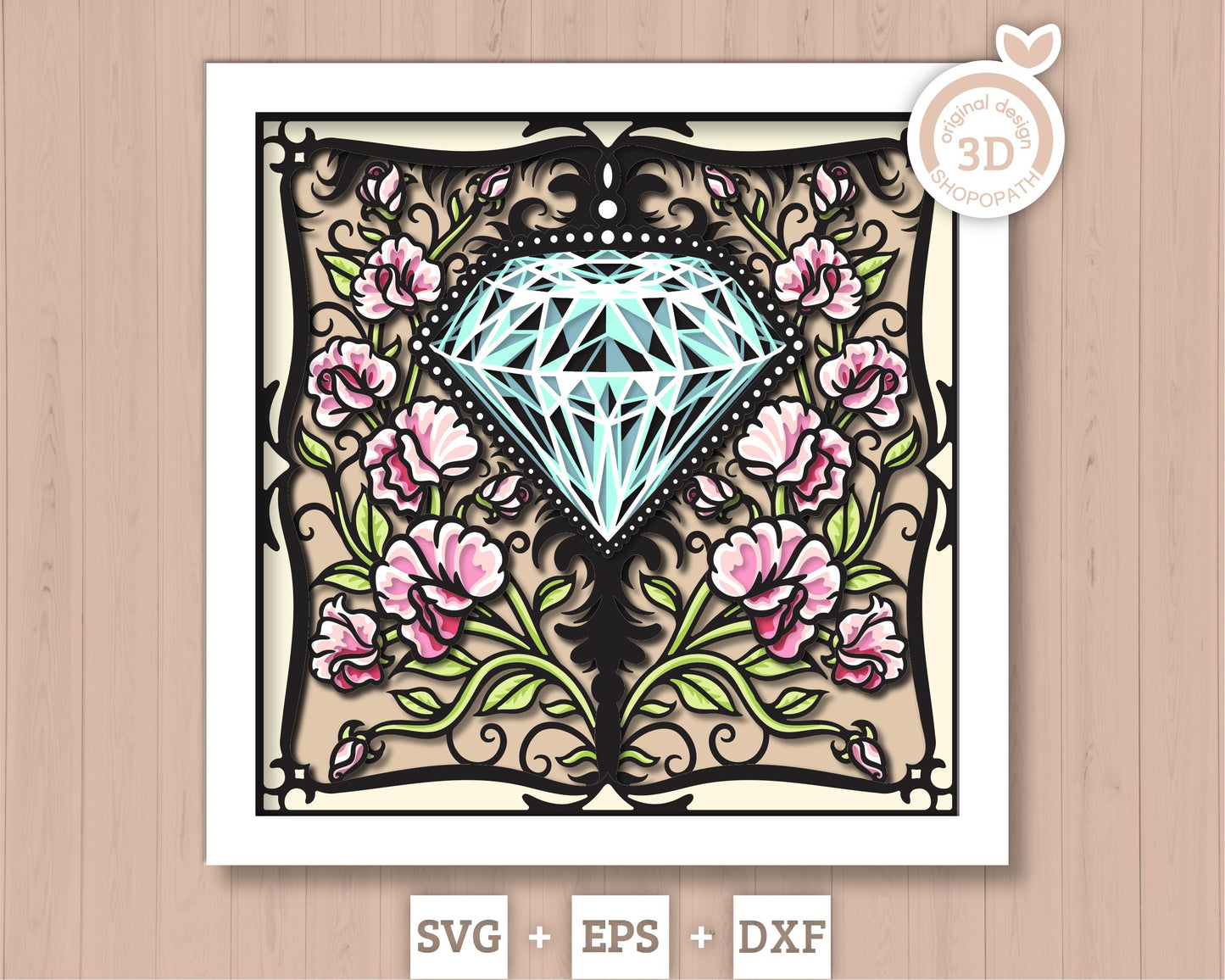 April Shadow Box 3D SVG Birth Month Diamond Gemstone with Sweet Pea Flowers, Tattoo Style, Cricut Silhouette With DXF Cutting Files