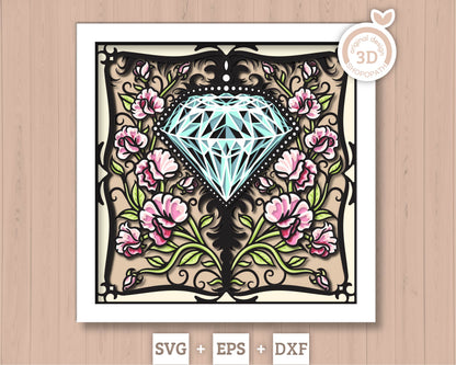 April Shadow Box 3D SVG Birth Month Diamond Gemstone with Sweet Pea Flowers, Tattoo Style, Cricut Silhouette With DXF Cutting Files