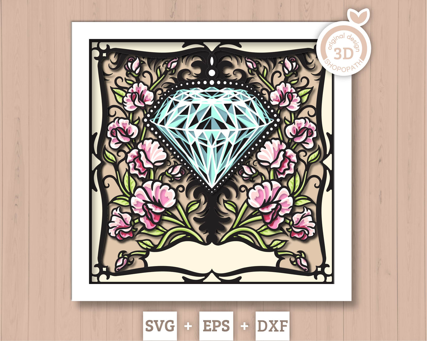 April Shadow Box 3D SVG Birth Month Diamond Gemstone with Sweet Pea Flowers, Tattoo Style, Cricut Silhouette With DXF Cutting Files