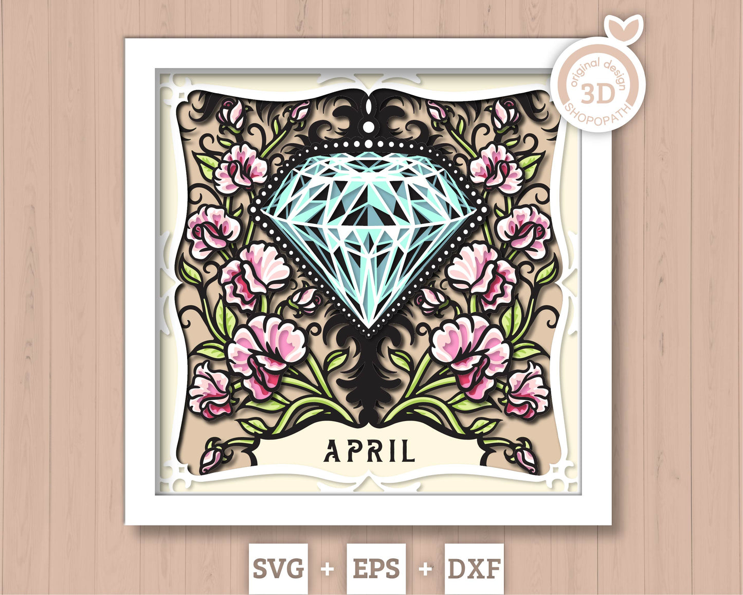 April Shadow Box 3D SVG Birth Month Diamond Gemstone with Sweet Pea Flowers, Tattoo Style, Cricut Silhouette With DXF Cutting Files