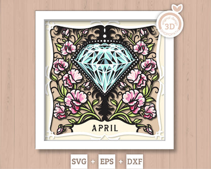 April Shadow Box 3D SVG Birth Month Diamond Gemstone with Sweet Pea Flowers, Tattoo Style, Cricut Silhouette With DXF Cutting Files