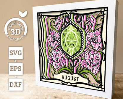 August Shadow Box 3D SVG Birth Month Peridot Gemstone with Gladiolus Flowers, Tattoo Style, Cricut Silhouette With DXF Layered Cutting Files