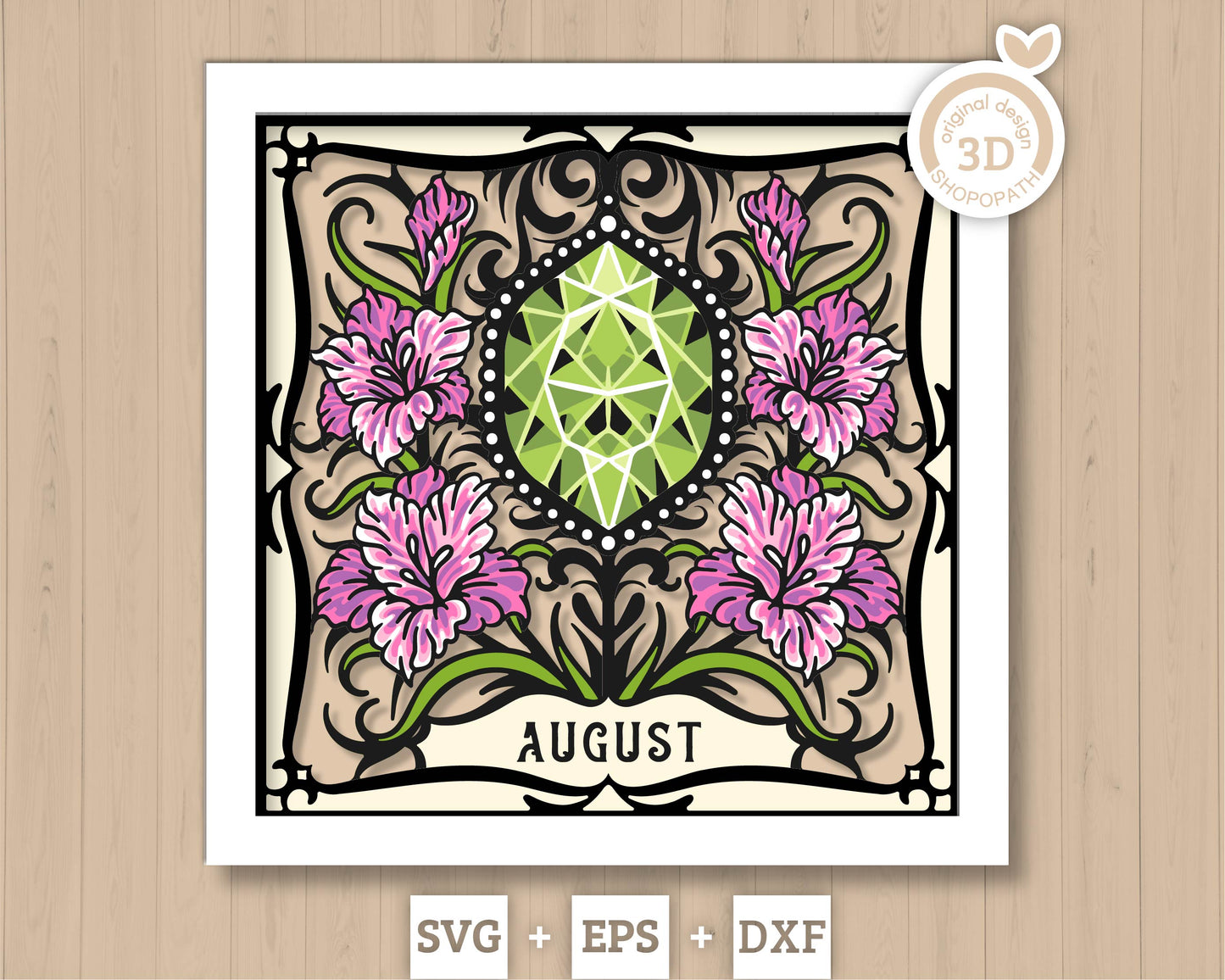 August Shadow Box 3D SVG Birth Month Peridot Gemstone with Gladiolus Flowers, Tattoo Style, Cricut Silhouette With DXF Layered Cutting Files