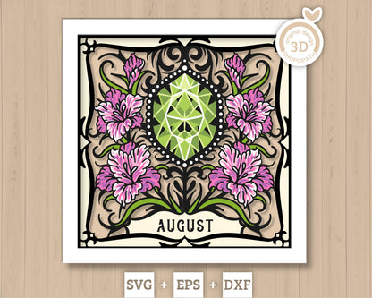 August Shadow Box 3D SVG Birth Month Peridot Gemstone with Gladiolus Flowers, Tattoo Style, Cricut Silhouette With DXF Layered Cutting Files