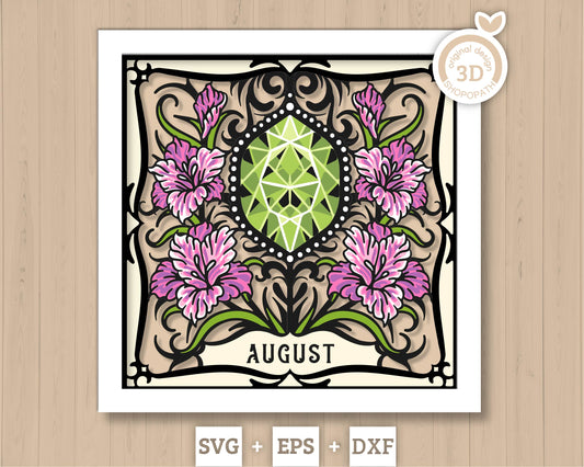 August Shadow Box 3D SVG Birth Month Peridot Gemstone with Gladiolus Flowers, Tattoo Style, Cricut Silhouette With DXF Layered Cutting Files