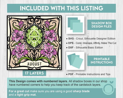 August Shadow Box 3D SVG Birth Month Peridot Gemstone with Gladiolus Flowers, Tattoo Style, Cricut Silhouette With DXF Layered Cutting Files