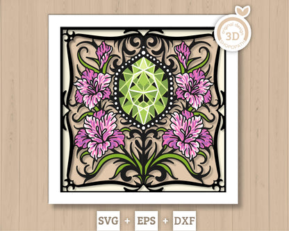 August Shadow Box 3D SVG Birth Month Peridot Gemstone with Gladiolus Flowers, Tattoo Style, Cricut Silhouette With DXF Layered Cutting Files