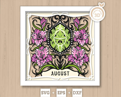August Shadow Box 3D SVG Birth Month Peridot Gemstone with Gladiolus Flowers, Tattoo Style, Cricut Silhouette With DXF Layered Cutting Files