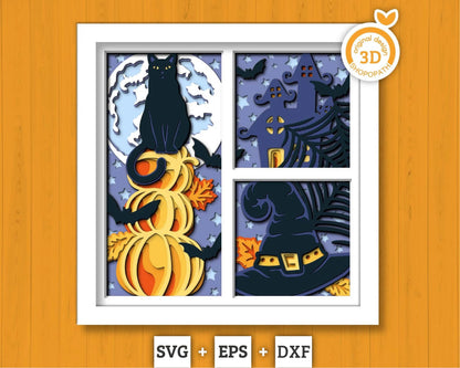 3D SVG Halloween Shadow Box, Layered Cat Halloween, Witch 3D Svg Layered Papercut svg, 3d Halloween, Layered Pumpkin svg, Cricut Silhouette