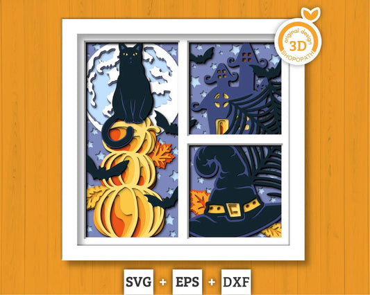 3D SVG Halloween Shadow Box, Layered Cat Halloween, Witch 3D Svg Layered Papercut svg, 3d Halloween, Layered Pumpkin svg, Cricut Silhouette