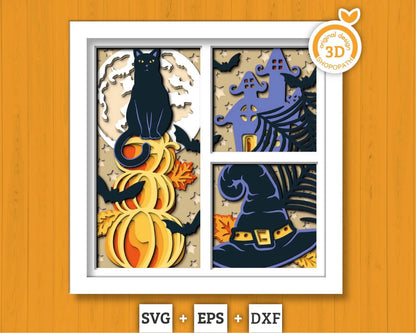 3D SVG Halloween Shadow Box, Layered Cat Halloween, Witch 3D Svg Layered Papercut svg, 3d Halloween, Layered Pumpkin svg, Cricut Silhouette