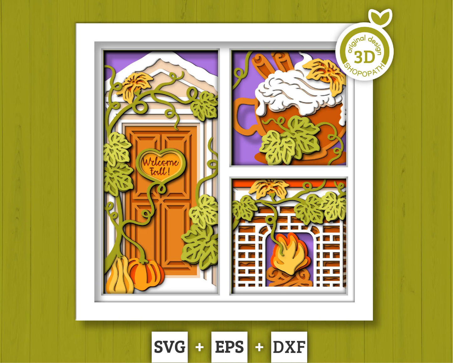 3D SVG Fall Door Shadow Box, Layered Fall Pumpkin Spice Latte, Fall Shadow Box, Autumn 3D Svg, Pumpkin 3d Svg, Hello Fall, Cricut Silhouette