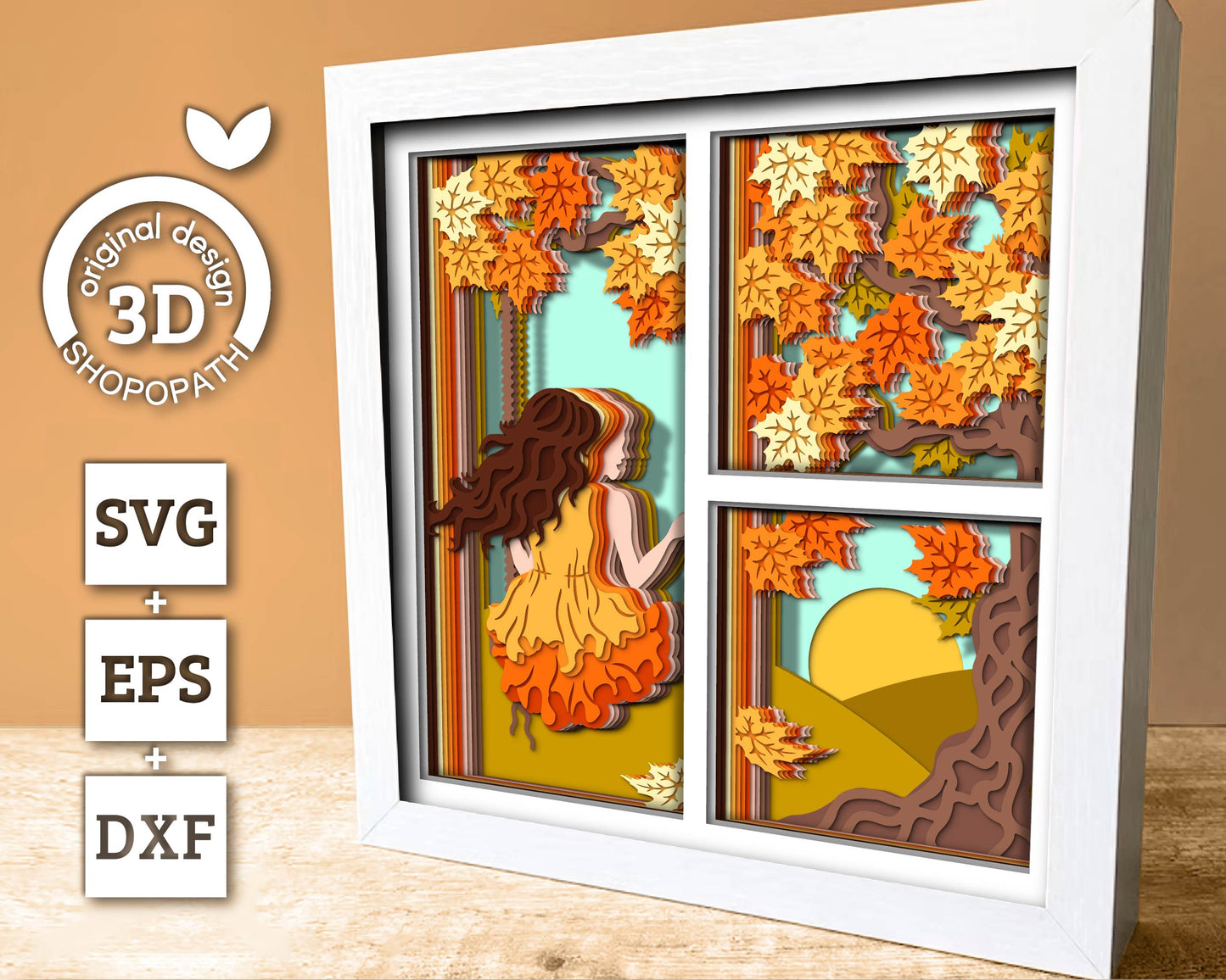 3D SVG Girl On Swing Under Autumn Tree Shadow Box, 3D Autumn SVG, Leaves 3D svg, Foliage 3D SVG, 3D Autumn Shadow Box, Cricut Silhouette