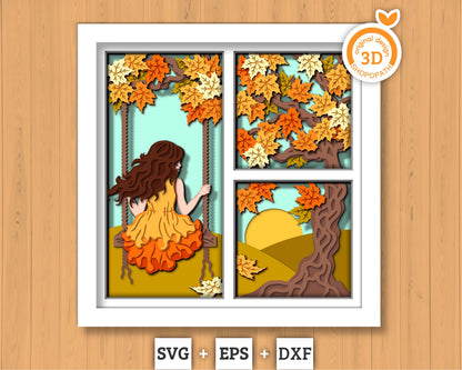 3D SVG Girl On Swing Under Autumn Tree Shadow Box, 3D Autumn SVG, Leaves 3D svg, Foliage 3D SVG, 3D Autumn Shadow Box, Cricut Silhouette