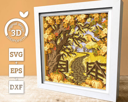 Autumn Countryside with Leaves and Pumpkins - 3D Shadow Box Layered SVG DXF EPS (Cutting Files)