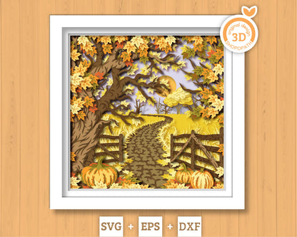 Autumn Countryside with Leaves and Pumpkins - 3D Shadow Box Layered SVG DXF EPS (Cutting Files)