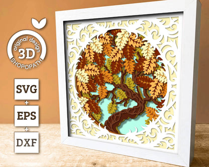 3D SVG Oak Tree Lace Frame Shadow Box, 3D Fall SVG, Oak Leaves 3d svg, Oak Fall Leaf 3d Svg, Oak Tree 3d SVG, Fall 3d svg, Cricut Silhouette