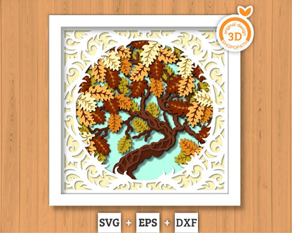 3D SVG Oak Tree Lace Frame Shadow Box, 3D Fall SVG, Oak Leaves 3d svg, Oak Fall Leaf 3d Svg, Oak Tree 3d SVG, Fall 3d svg, Cricut Silhouette