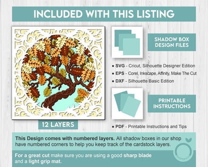 3D SVG Oak Tree Lace Frame Shadow Box, 3D Fall SVG, Oak Leaves 3d svg, Oak Fall Leaf 3d Svg, Oak Tree 3d SVG, Fall 3d svg, Cricut Silhouette