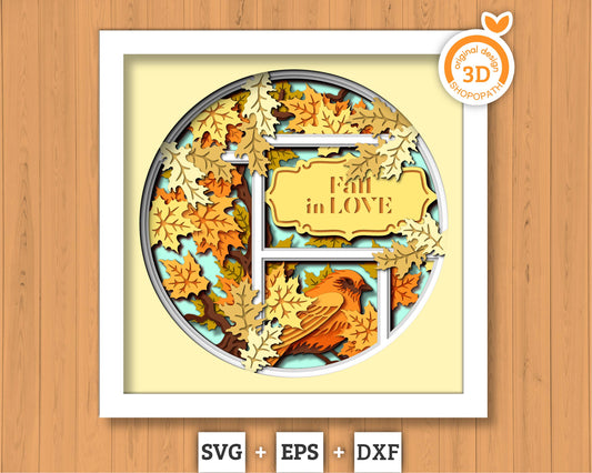 3D SVG Finch With Autumn Leaves Shadow Box, Fall 3D SVG, Maple Leaf Fall 3D svg, Oak Leaf 3d svg, Birch Leaf Fall 3D svg, Cricut Silhouette