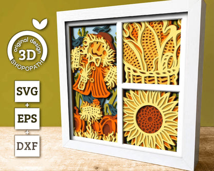 3D Layered Fall Scarecrow SVG EPS, Fall Shadow Box, Autumn 3D Svg, Harvest Corn Sunflower 3d Svg, Hello Fall Papercut svg, Cricut Silhouette