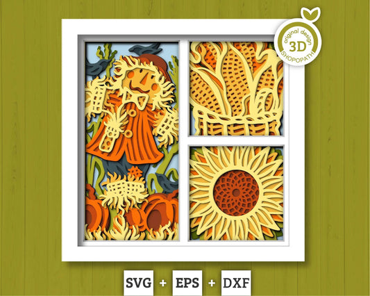3D Layered Fall Scarecrow SVG EPS, Fall Shadow Box, Autumn 3D Svg, Harvest Corn Sunflower 3d Svg, Hello Fall Papercut svg, Cricut Silhouette