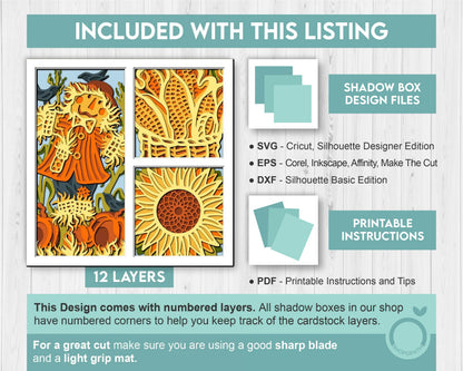 3D Layered Fall Scarecrow SVG EPS, Fall Shadow Box, Autumn 3D Svg, Harvest Corn Sunflower 3d Svg, Hello Fall Papercut svg, Cricut Silhouette