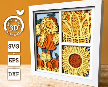 3D Layered Fall Scarecrow SVG EPS, Fall Shadow Box, Autumn 3D Svg, Harvest Sunflower Corn 3d Svg, Hello Fall Papercut svg, Cricut Silhouette
