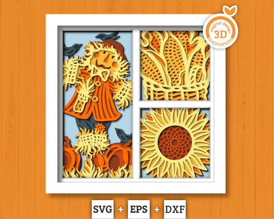 3D Layered Fall Scarecrow SVG EPS, Fall Shadow Box, Autumn 3D Svg, Harvest Sunflower Corn 3d Svg, Hello Fall Papercut svg, Cricut Silhouette