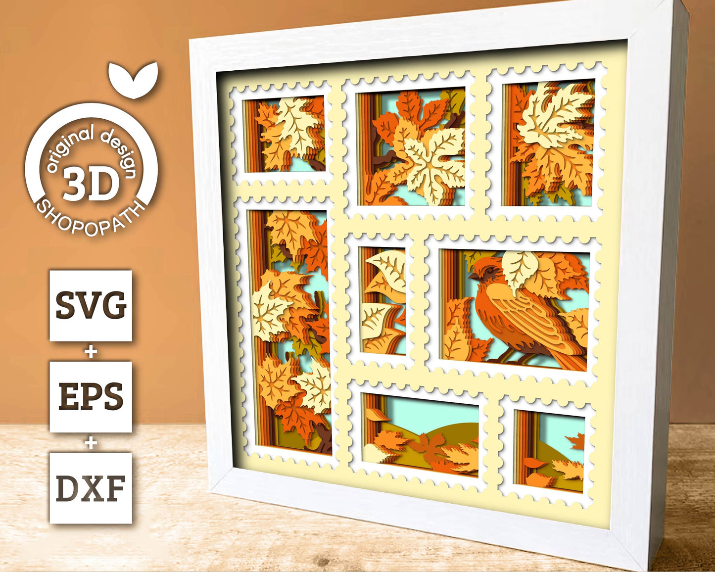 3D SVG Finch And Autumn Leaves In Stamps Frame Shadow Box, 3D Fall SVG, Birch 3d svg, Maple 3d svg, Oak 3d svg, Cricut Silhouette