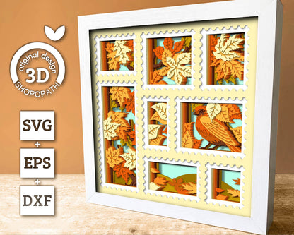 3D SVG Finch And Autumn Leaves In Stamps Frame Shadow Box, 3D Fall SVG, Birch 3d svg, Maple 3d svg, Oak 3d svg, Cricut Silhouette